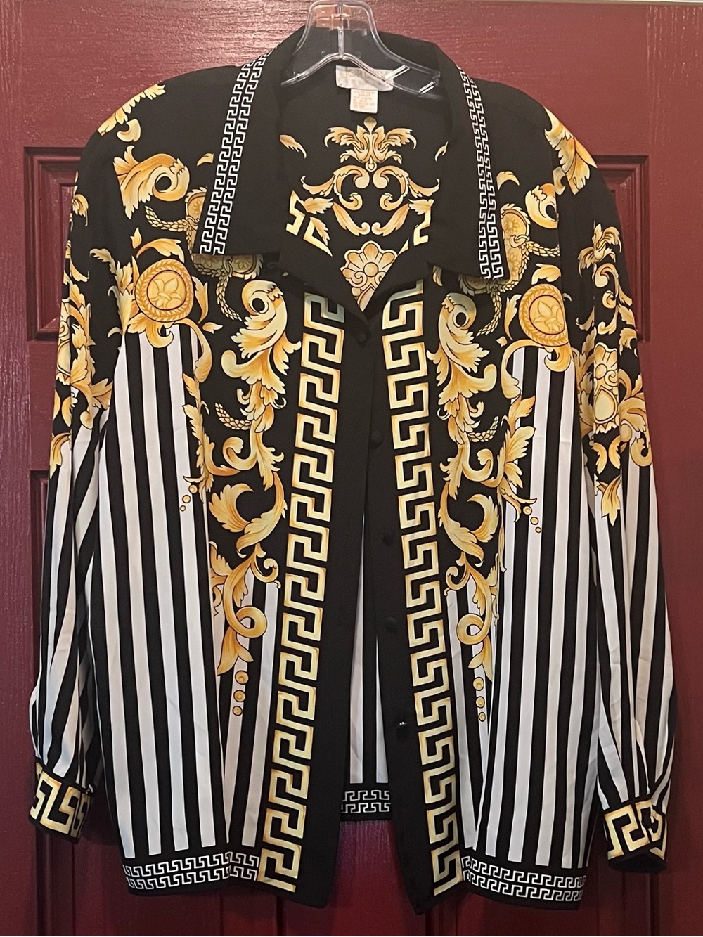 Jordan Black, White & Gold Baroque-Print Button-Up Blouse